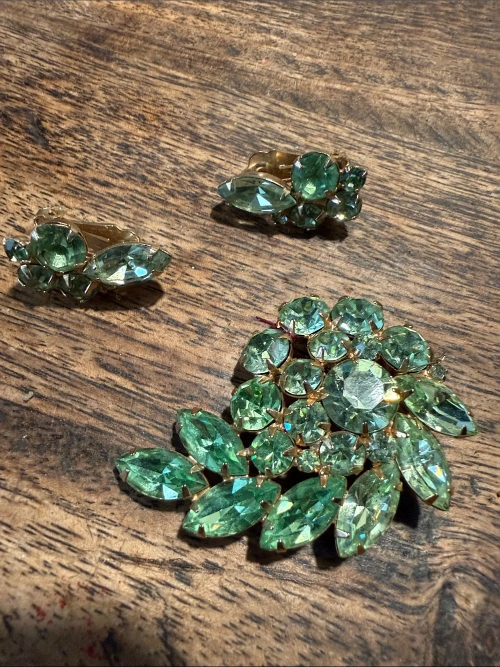 Signed WEISS Vintage Peridot Green Rhinestone Brooch & Clip Earrings Set